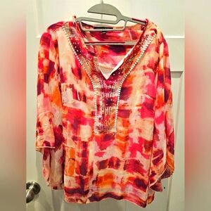 Always Indigo Embellished Abstract Print Blouse M Pink Orange Boho Tunic Top